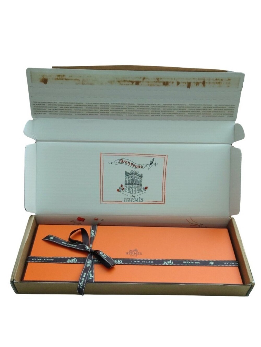 HERMES Authentic Boxes Orange Tie Gift Box With Brown Ribbon New